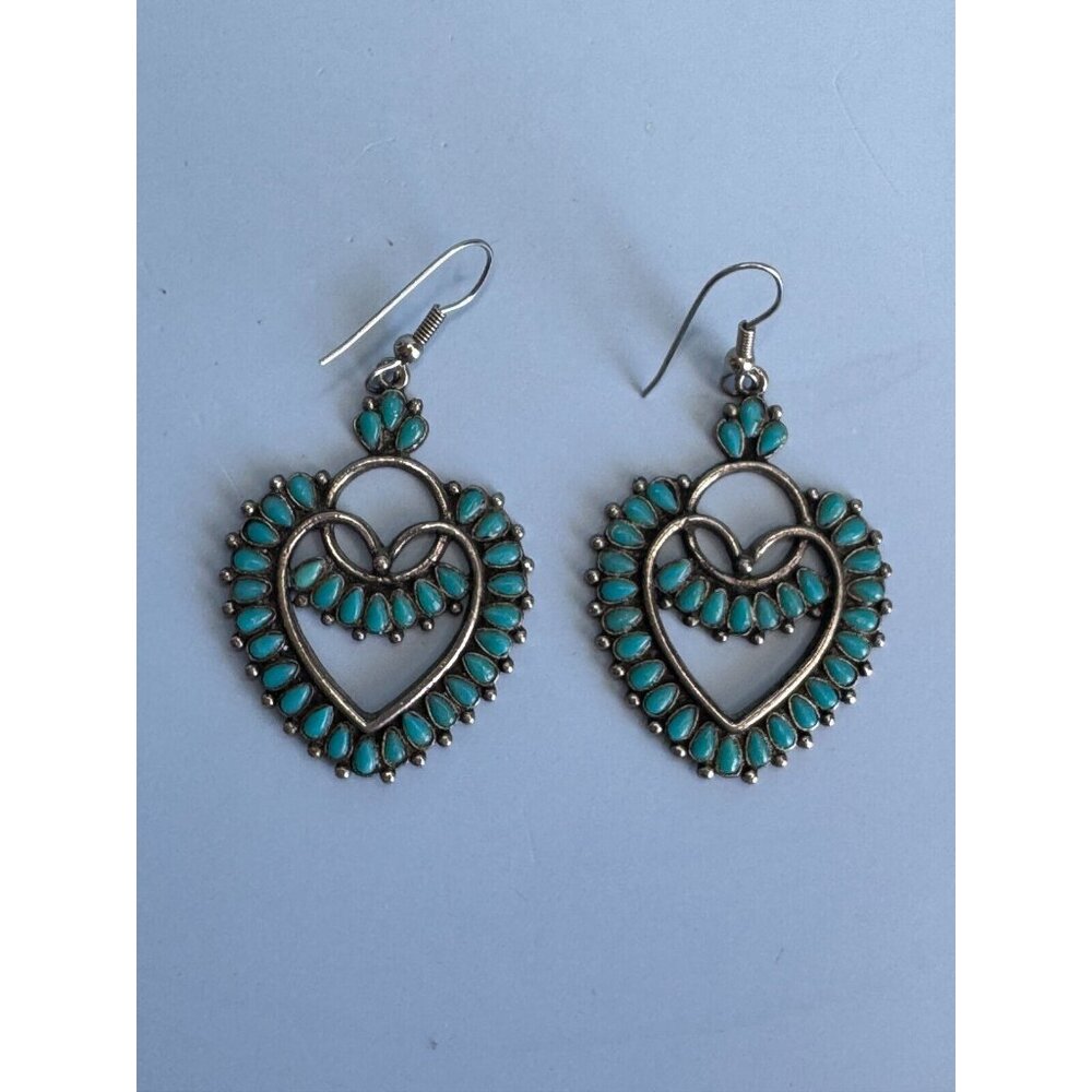 Vintage Southwestern Silver Tone Block Turquoise Earrings by Sancrest Jewelry - Picture 5 of 10
